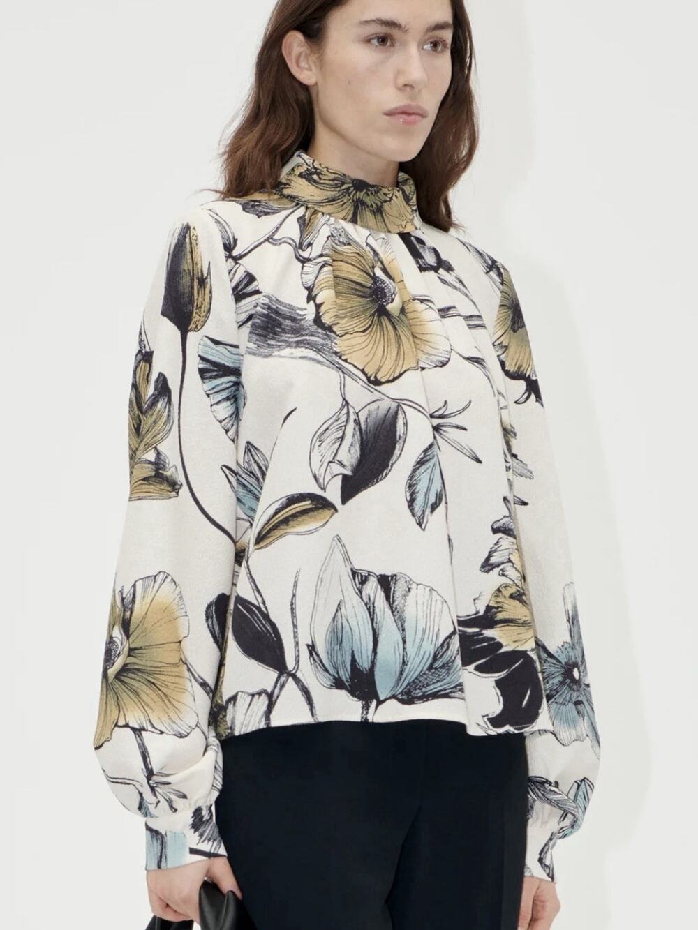Stine Goya Gathered Long Sleeve Top in Fine Line Poppies Size S